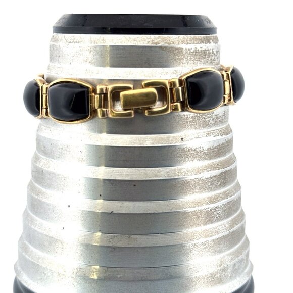 Estate Black Onyx Bracelet Gold Over Sterling Silver 925, 7.85", 30g, Marked - Picture 5 of 9